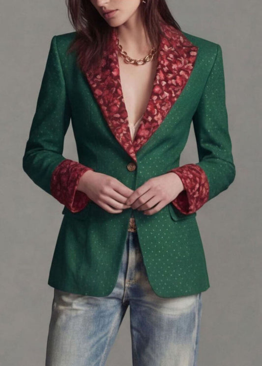 Green Print Patchwork Cotton Blazer Jackets Coat Peter Pan Collar Fall