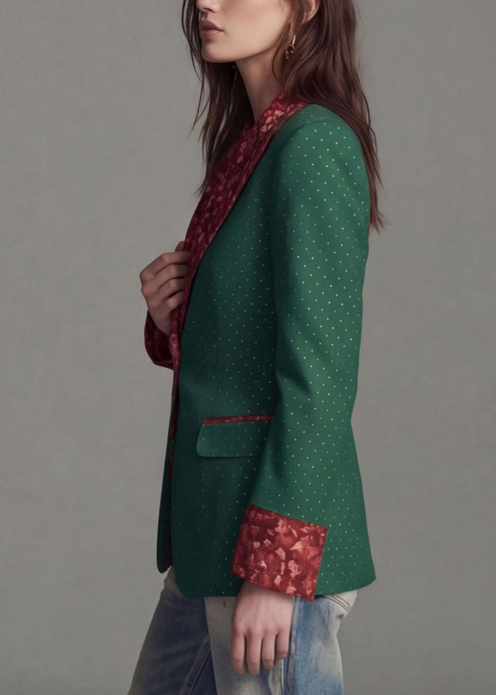 Green Print Patchwork Cotton Blazer Jackets Coat Peter Pan Collar Fall