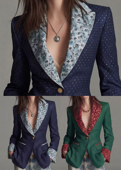 Green Print Patchwork Cotton Blazer Jackets Coat Peter Pan Collar Fall