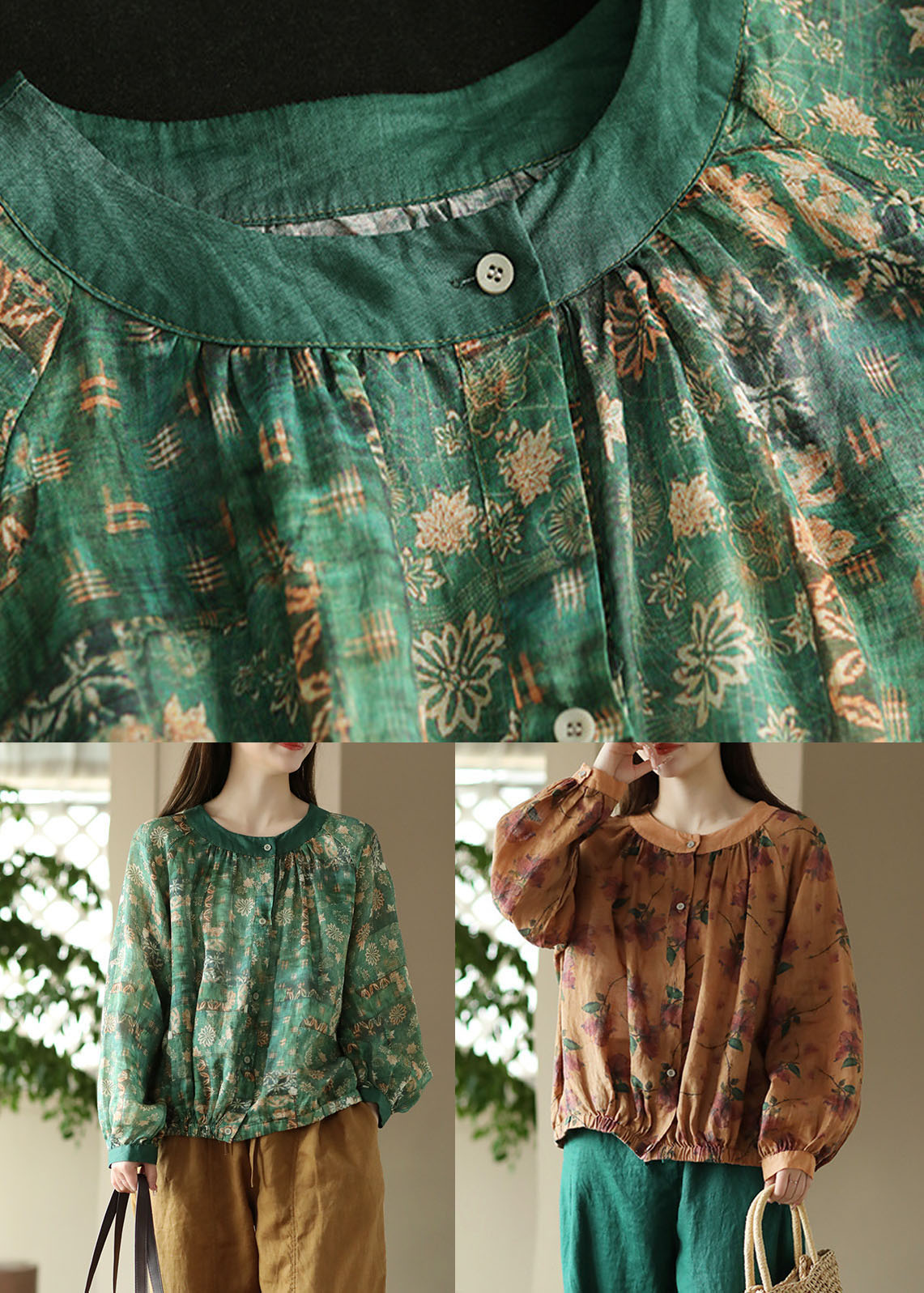 Blusas de lino con estampado de patchwork verde, cuello redondo, botones arrugados, primavera