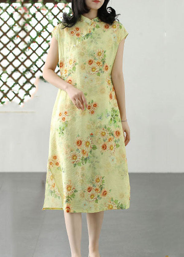 Grün Print Patchwork Leinen Kleid Stehkragen Knopf Sommer