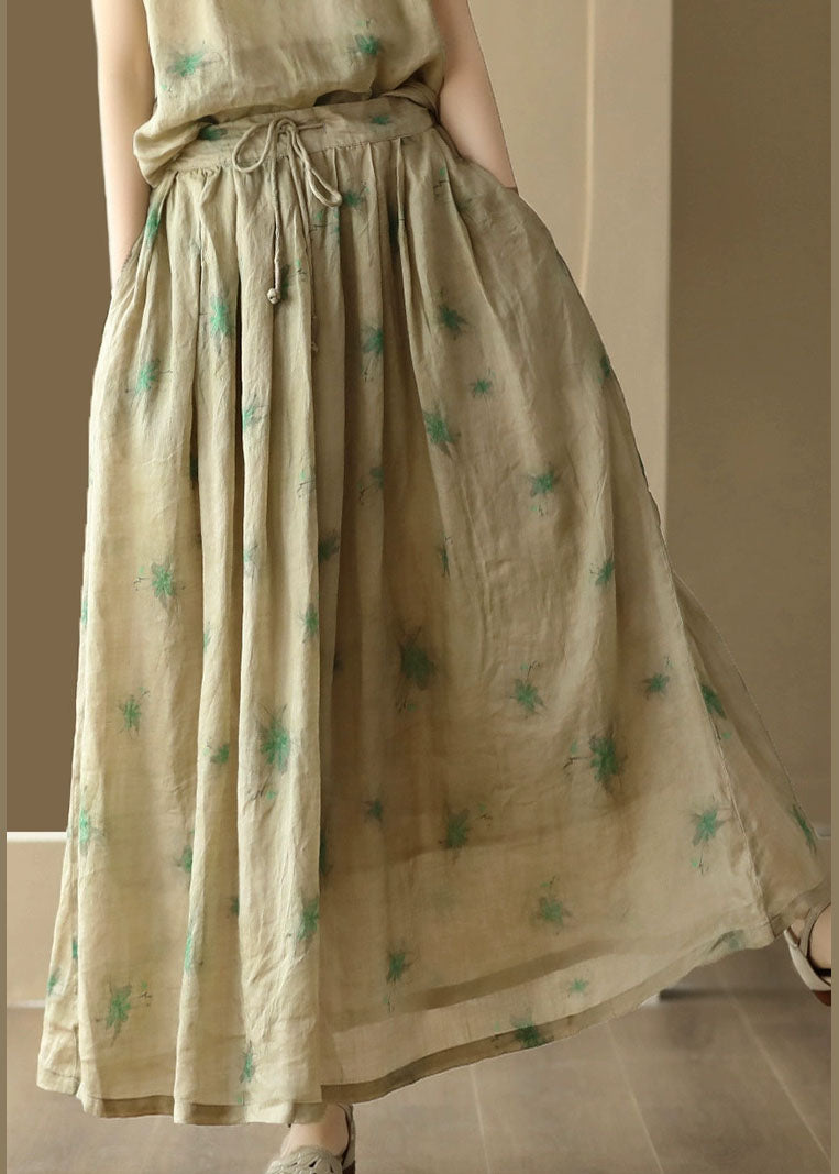 Grüner Print Patchwork Leinenrock Faltig Krawatte Taille Sommer