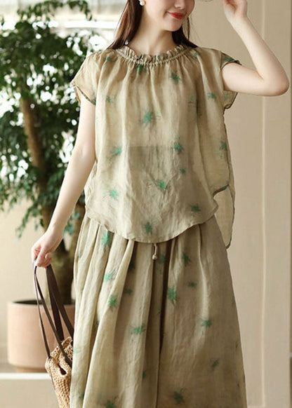 Camiseta de lino con estampado de patchwork verde y volantes de manga corta