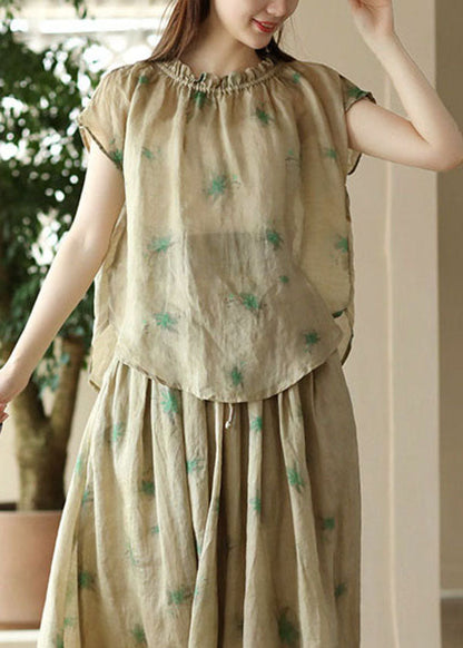 Camiseta de lino con estampado de patchwork verde y volantes de manga corta