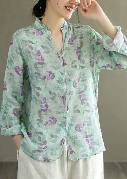 Top de lino con estampado de patchwork verde, cuello en V, botones con volantes y manga larga
