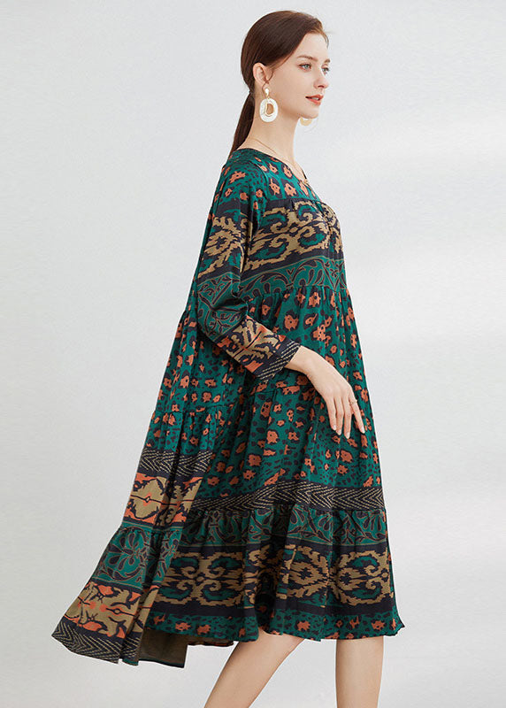 Grün Print Patchwork Satin Lose Kleider Frühling