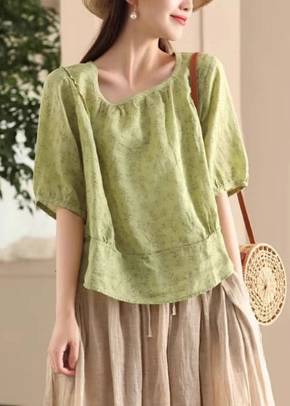 Green Print Wear On Both Sides Linen Shirt Button Half Sleeve