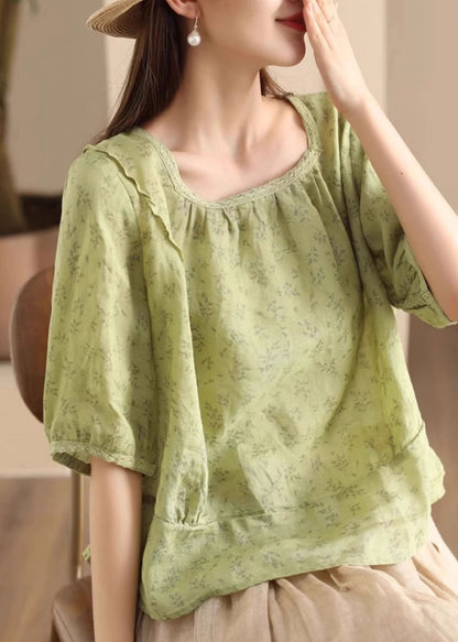 Green Print Wear On Both Sides Linen Shirt Button Half Sleeve