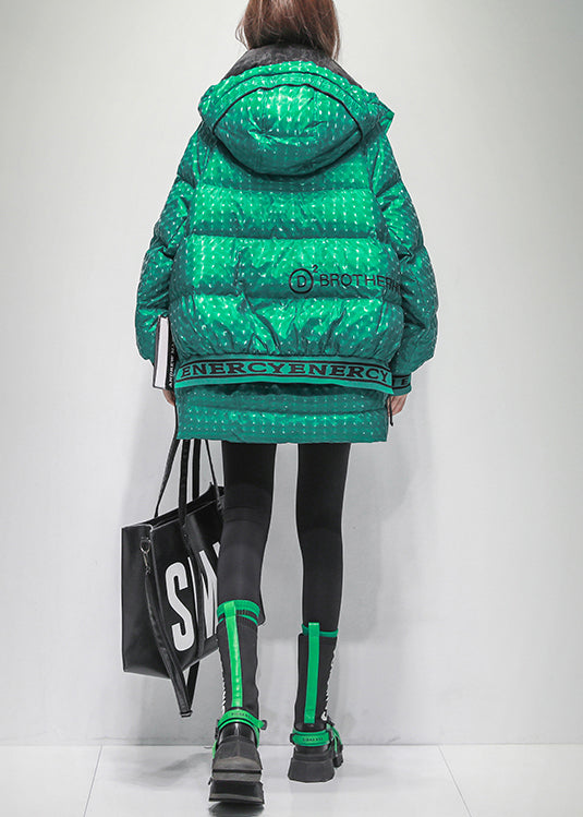 Green Print Zippered Oversized Duck Down Winter Coat Hooded