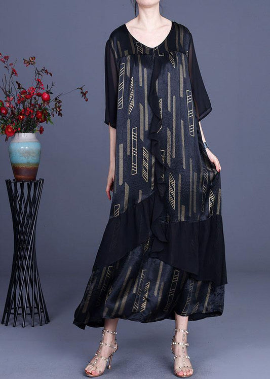 Green Print retro Ruffles Summer Silk Holiday Dress - SooLinen