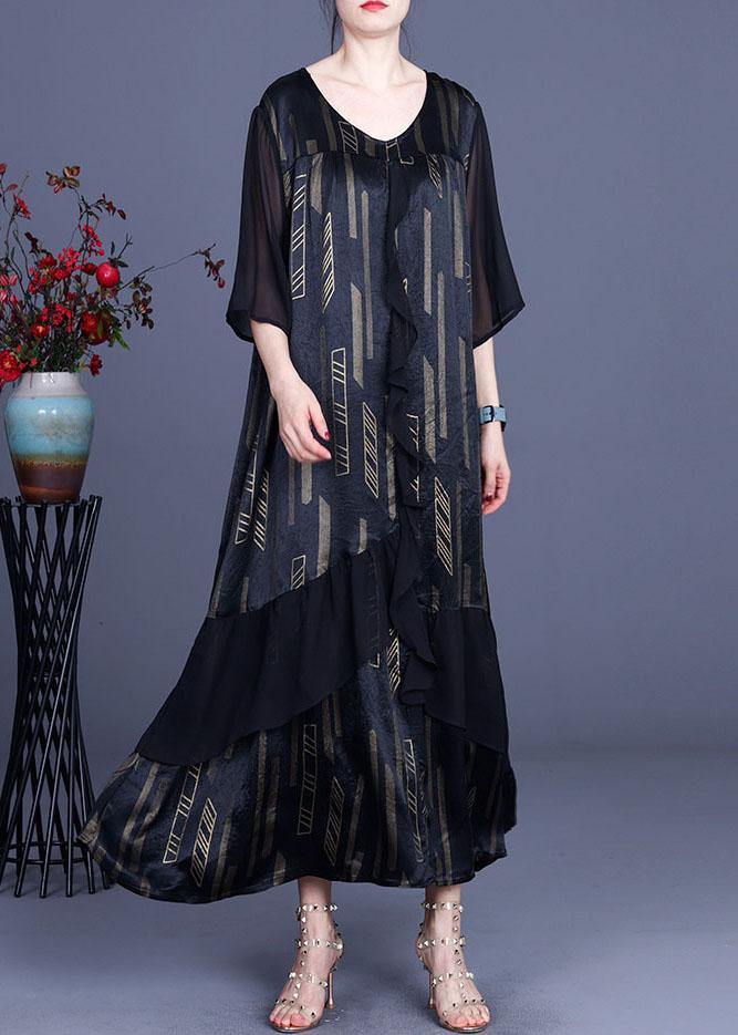 Green Print retro Ruffles Summer Silk Holiday Dress - SooLinen