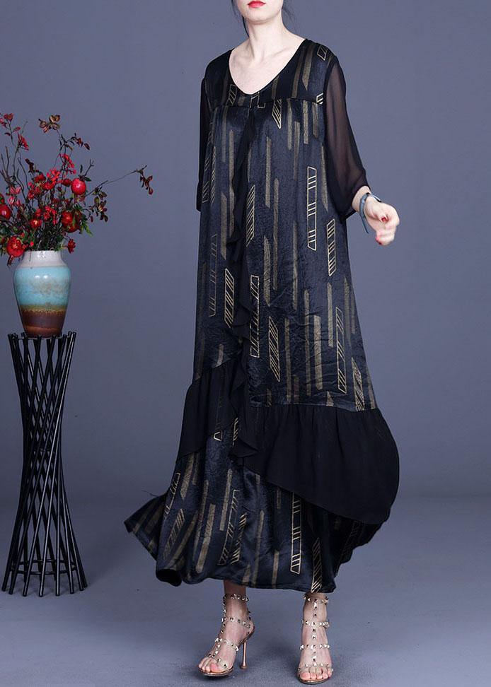 Green Print retro Ruffles Summer Silk Holiday Dress - SooLinen