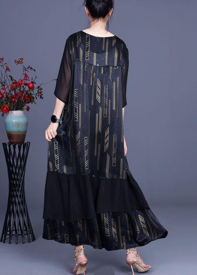 Green Print retro Ruffles Summer Silk Holiday Dress - SooLinen