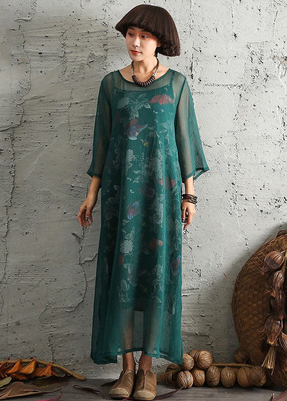 Grüner Druck seitlich offen Baumwolle Zweiteiler Set Frühling