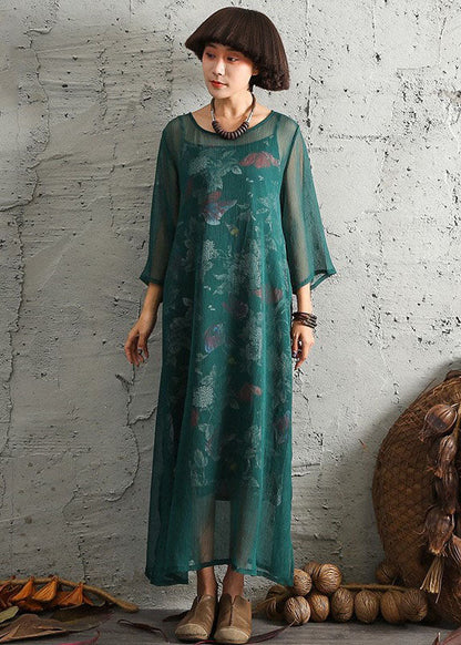 Grüner Druck seitlich offen Baumwolle Zweiteiler Set Frühling