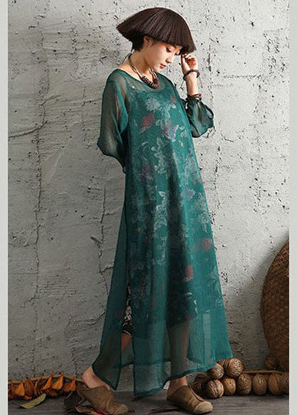 Grüner Druck seitlich offen Baumwolle Zweiteiler Set Frühling