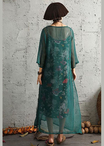 Grüner Druck seitlich offen Baumwolle Zweiteiler Set Frühling