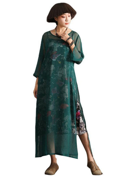 Grüner Druck seitlich offen Baumwolle Zweiteiler Set Frühling