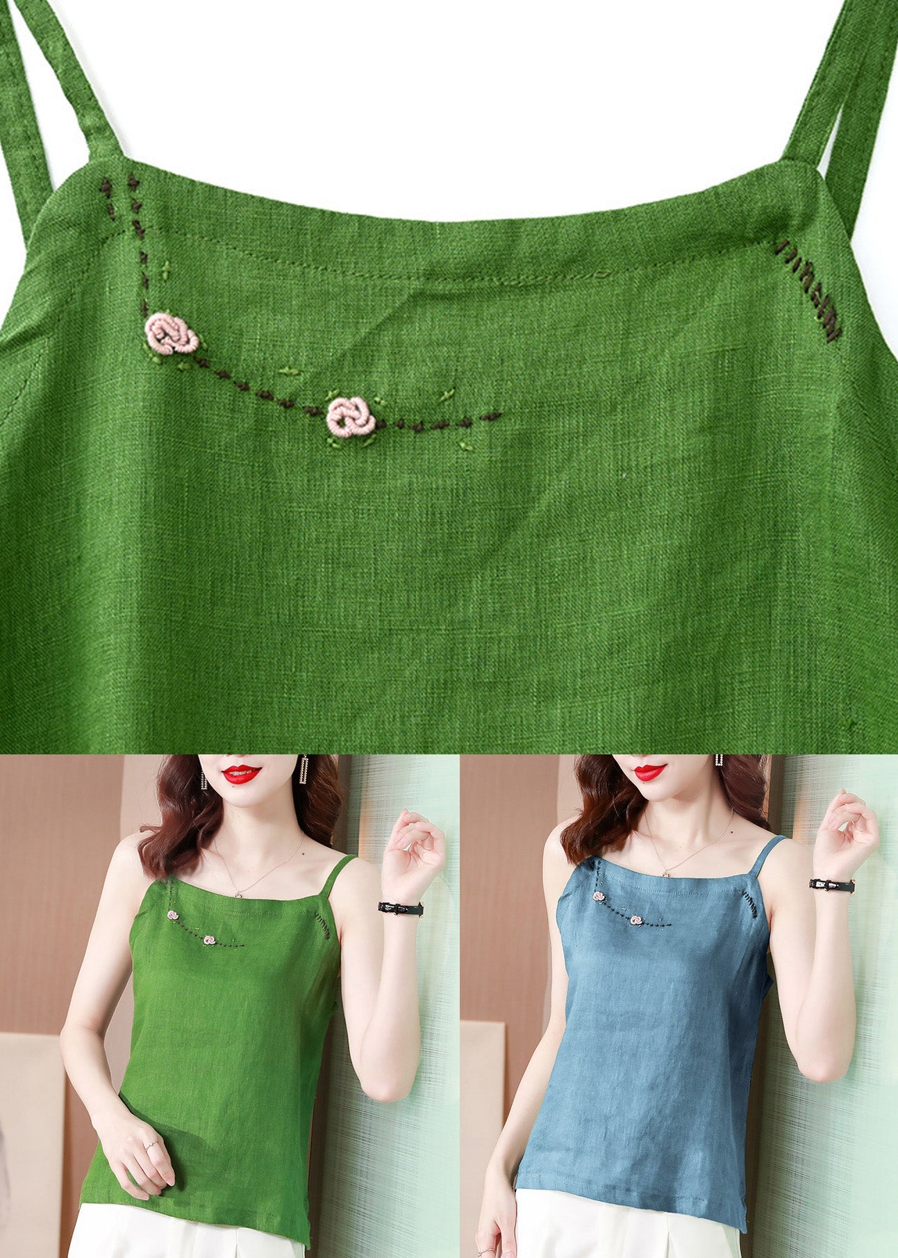 Green Square Collar Solid Top Sleeveless