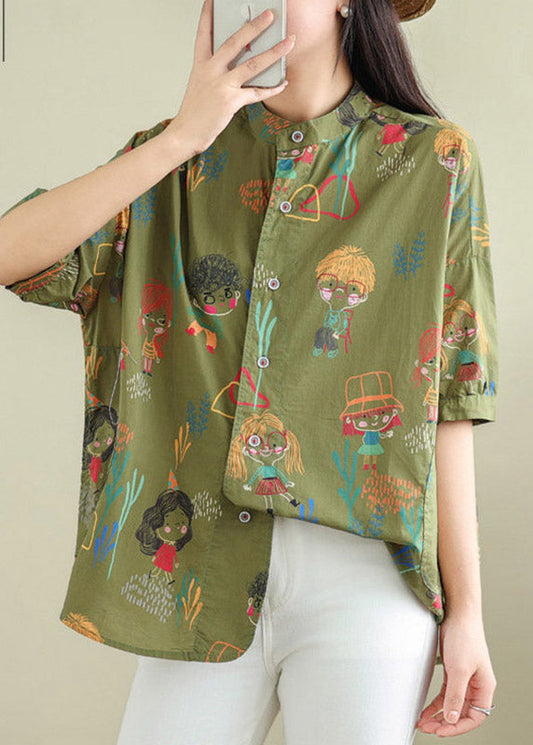 Green Stand Collar Top Short Sleeve