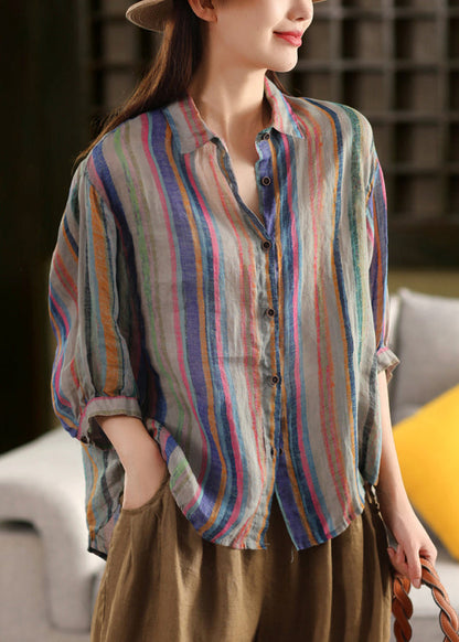 Green Stripe Button Linen Shirt Peter Pan Collar Fall