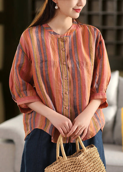 Green Stripe Linen Shirts O Neck Bracelet Sleeve