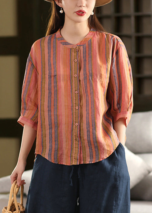 Green Stripe Linen Shirts O Neck Bracelet Sleeve