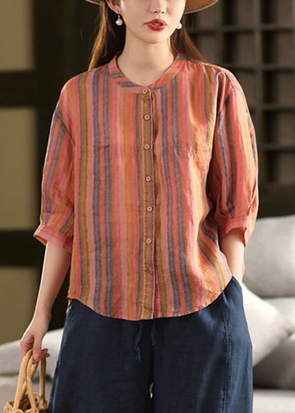 Green Stripe Linen Shirts O Neck Bracelet Sleeve