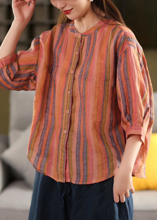 Green Stripe Linen Shirts O Neck Bracelet Sleeve