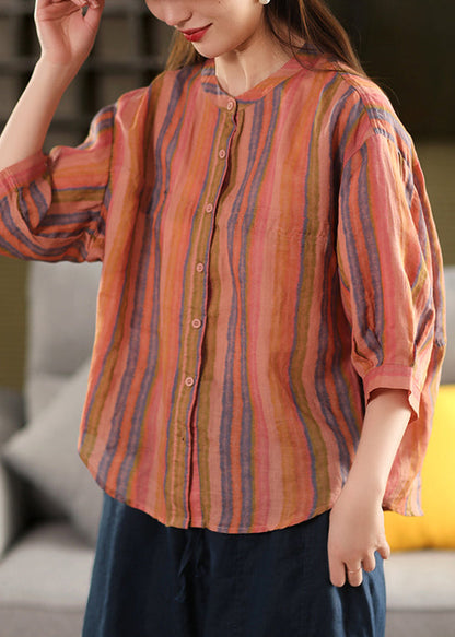 Green Stripe Linen Shirts O Neck Bracelet Sleeve