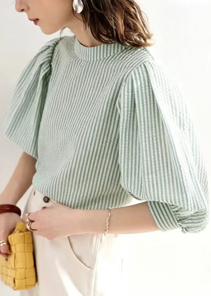 Green Striped Cotton Shirt Top Stand Collar Summer