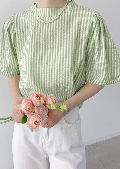 Green Striped Cotton Shirt Top Stand Collar Summer