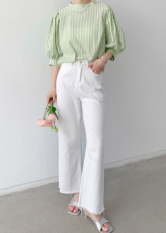 Green Striped Cotton Shirt Top Stand Collar Summer