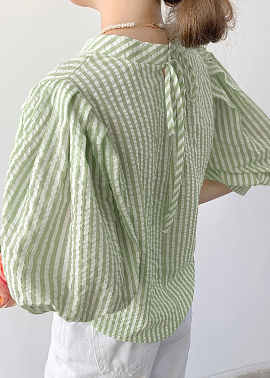 Green Striped Cotton Shirt Top Stand Collar Summer