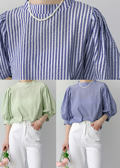 Green Striped Cotton Shirt Top Stand Collar Summer