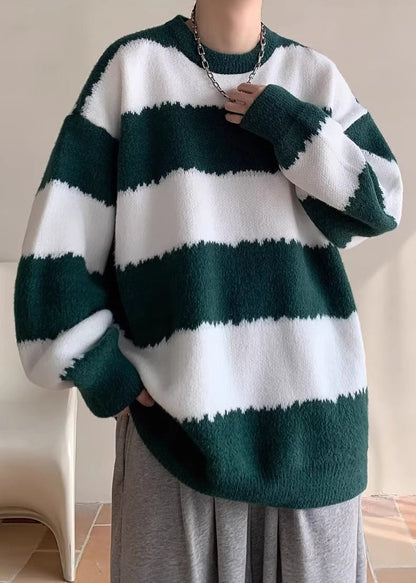 Green Striped Cozy Patchwork Knit Winter Men Sweaters O Neck