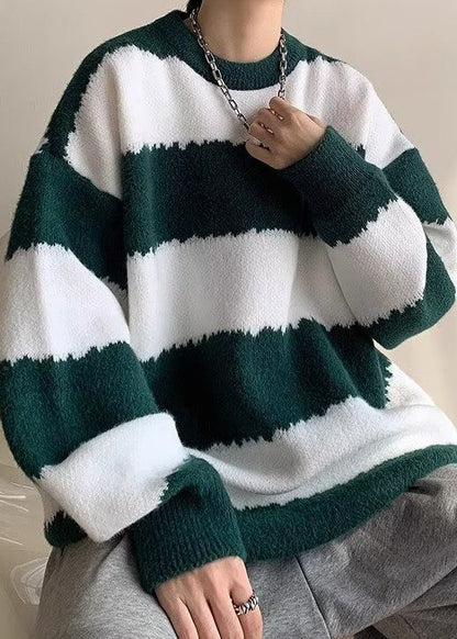Green Striped Cozy Patchwork Knit Winter Men Sweaters O Neck