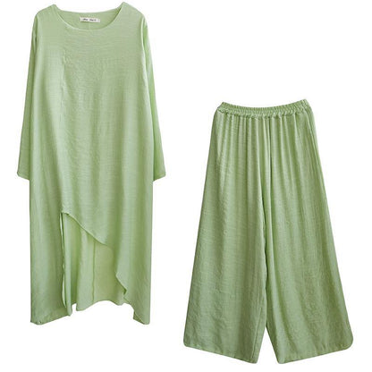 Green Suit Spring Long Top Casual Wide Leg Pants Two Pieces - SooLinen