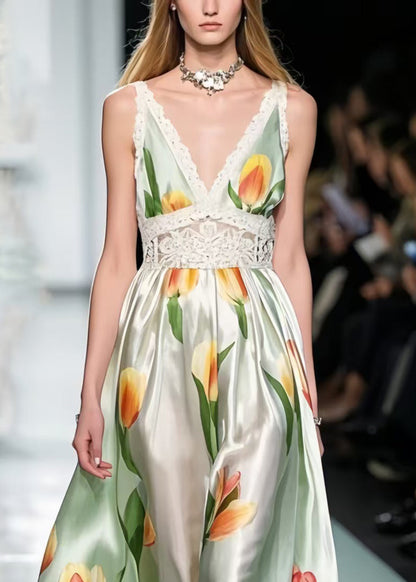 Green Tie Dye Patchwork Lace Silk Flower Sundress Summer