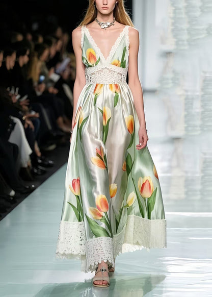 Green Tie Dye Patchwork Lace Silk Flower Sundress Summer