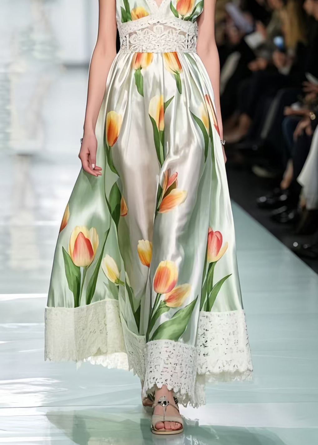 Green Tie Dye Patchwork Lace Silk Flower Sundress Summer