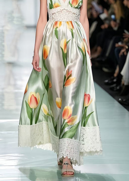 Green Tie Dye Patchwork Lace Silk Flower Sundress Summer