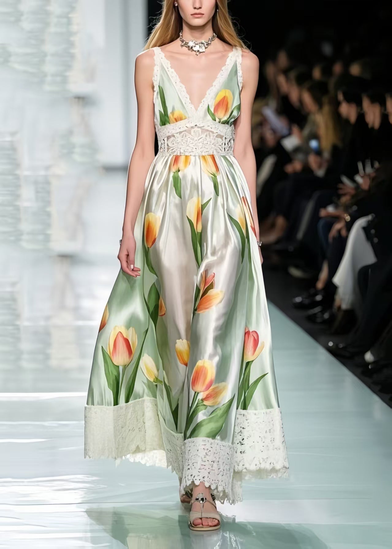 Green Tie Dye Patchwork Lace Silk Flower Sundress Summer