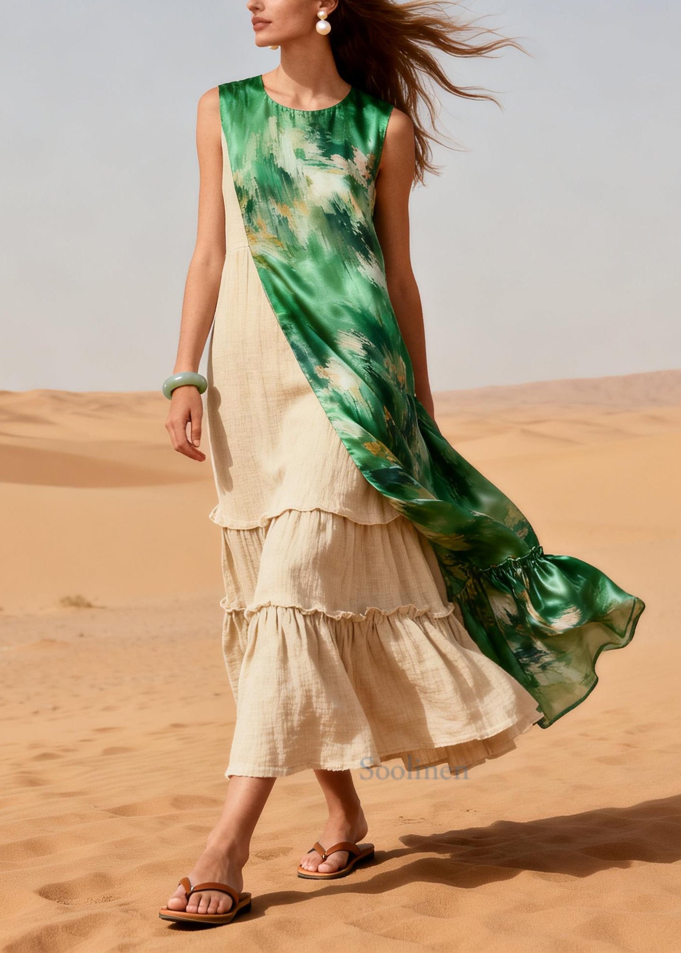 Green Tie Dye Patchwork Linen Silk Dress Asymmetrical Summer