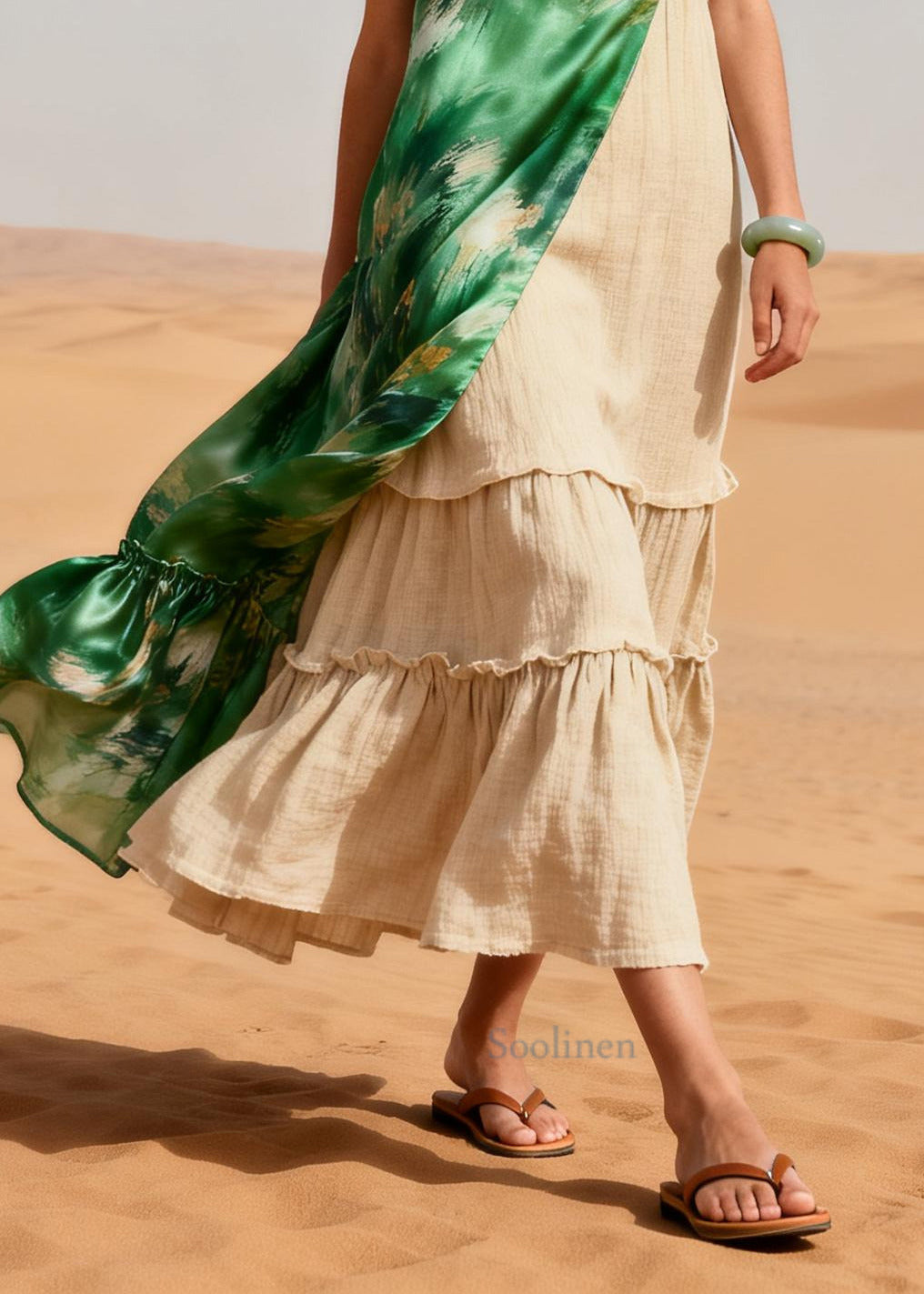 Green Tie Dye Patchwork Linen Silk Dress Asymmetrical Summer