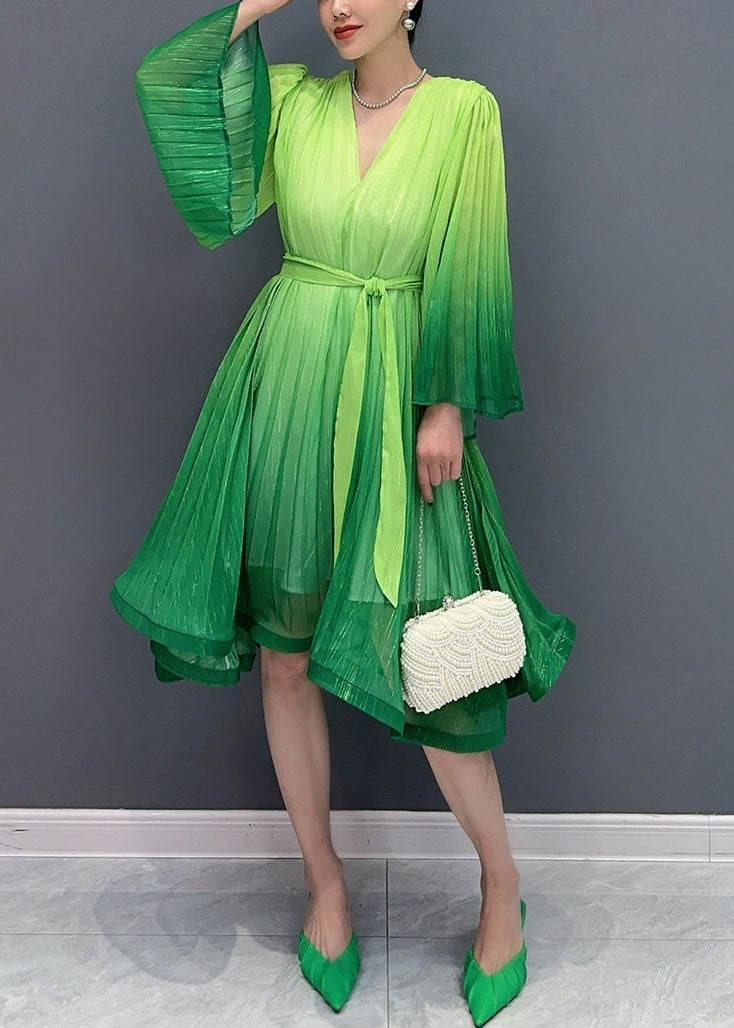 Green Tie Waist Maxi Dresses Flare Sleeve