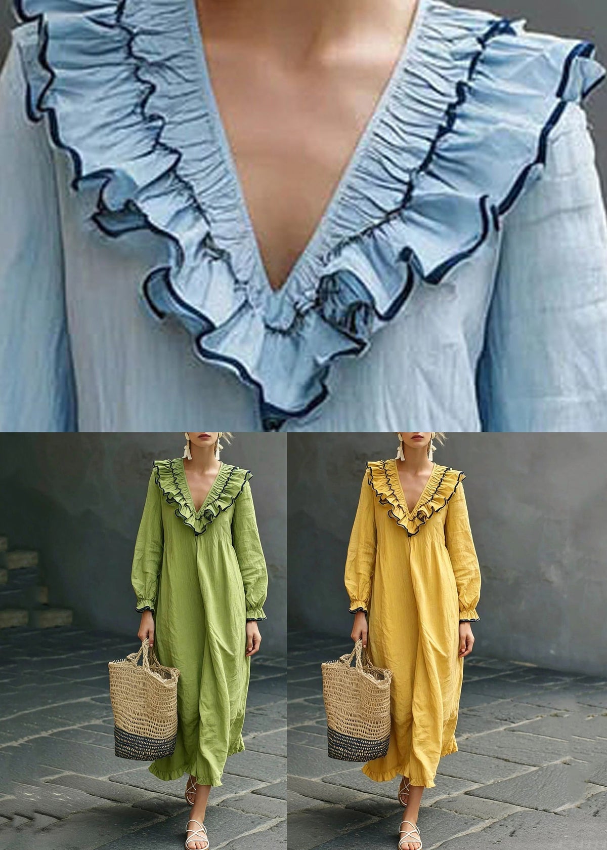 Green V Neck Solid Long Dress Puff Sleeve
