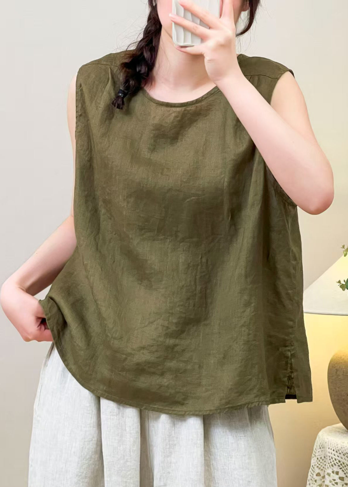 Green Wear On both Sides Linen Shirt O Neck Summer