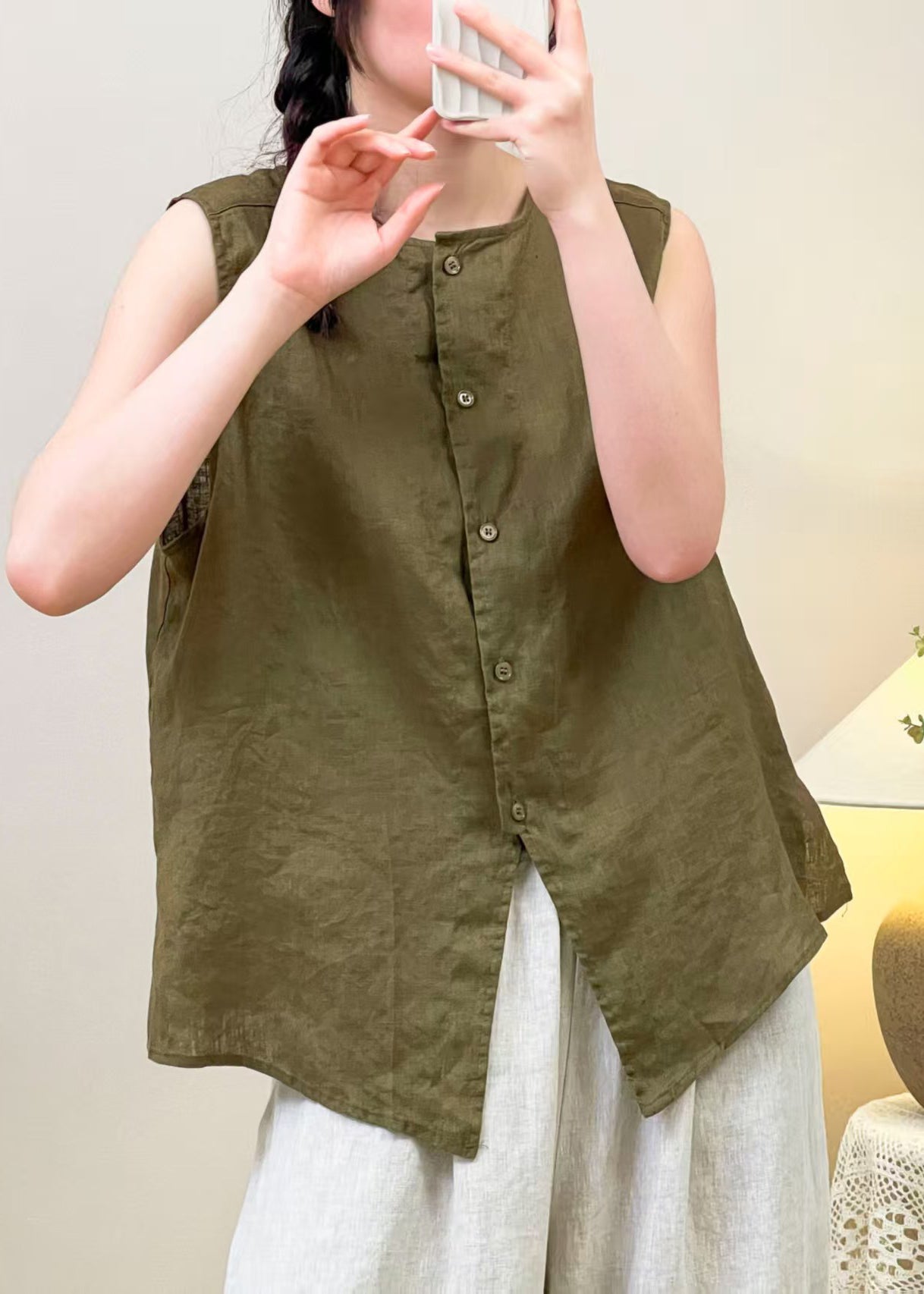 Green Wear On both Sides Linen Shirt O Neck Summer