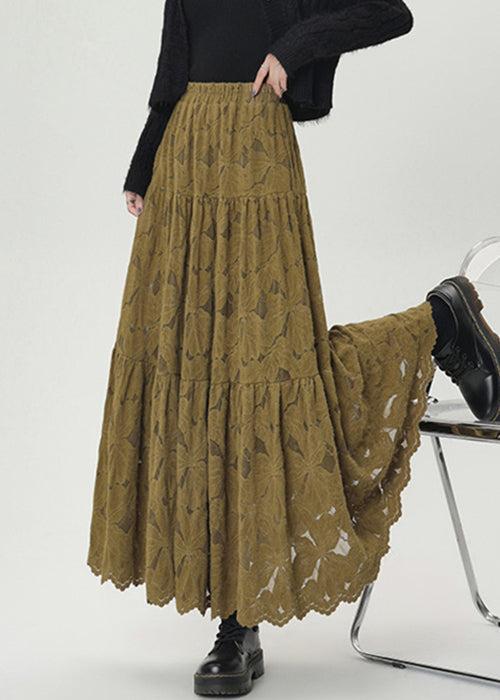 Grüner, knittriger Spitzenrock aus warmem Fleece mit elastischem Bund